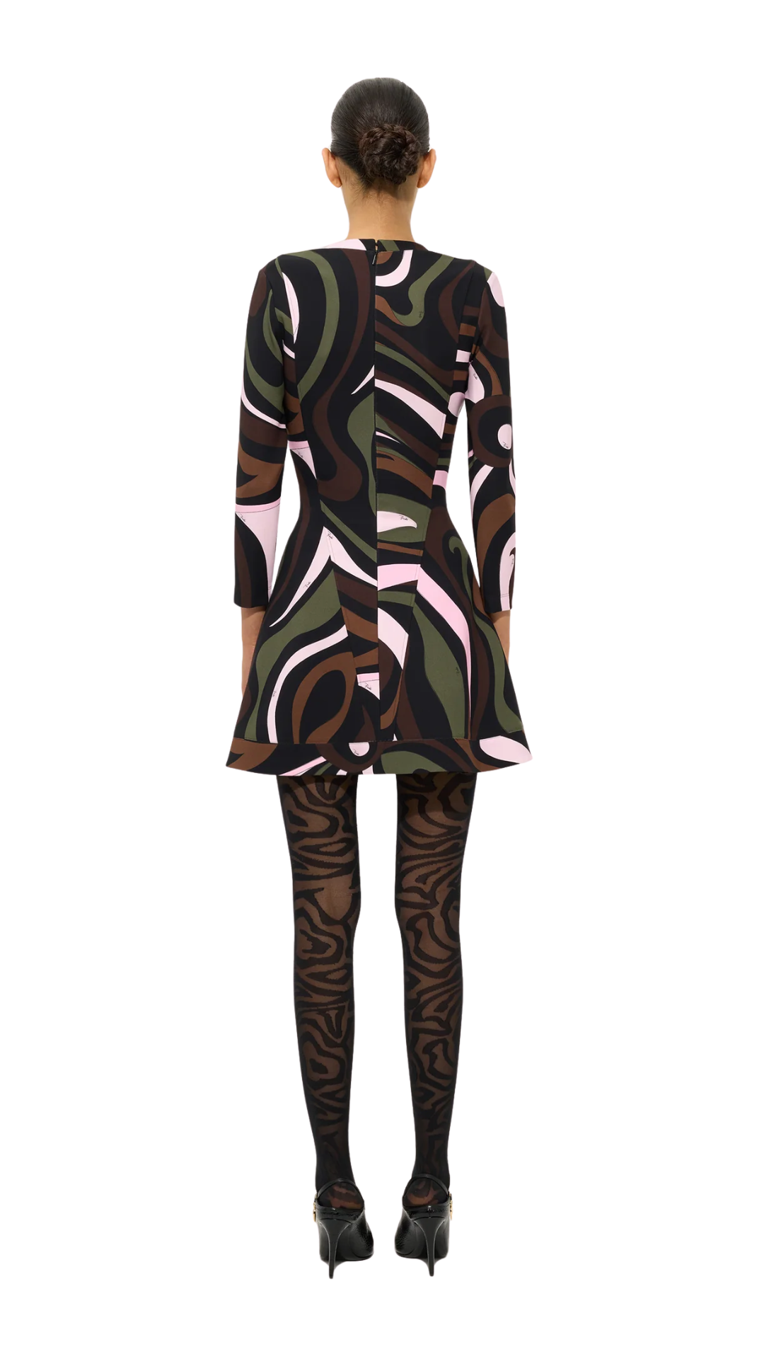 Marmo Print Compact Jersey Dress in Khaki and Pink