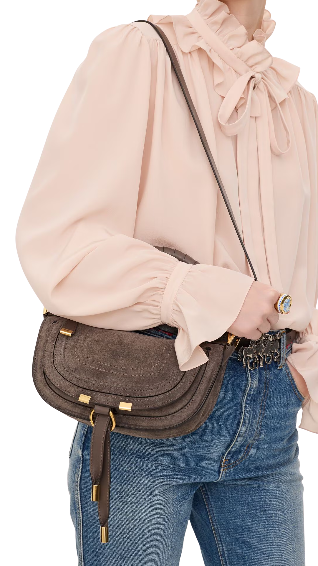 Mini Marcie Shoulder Bag in Nickel Grey Suede Leather