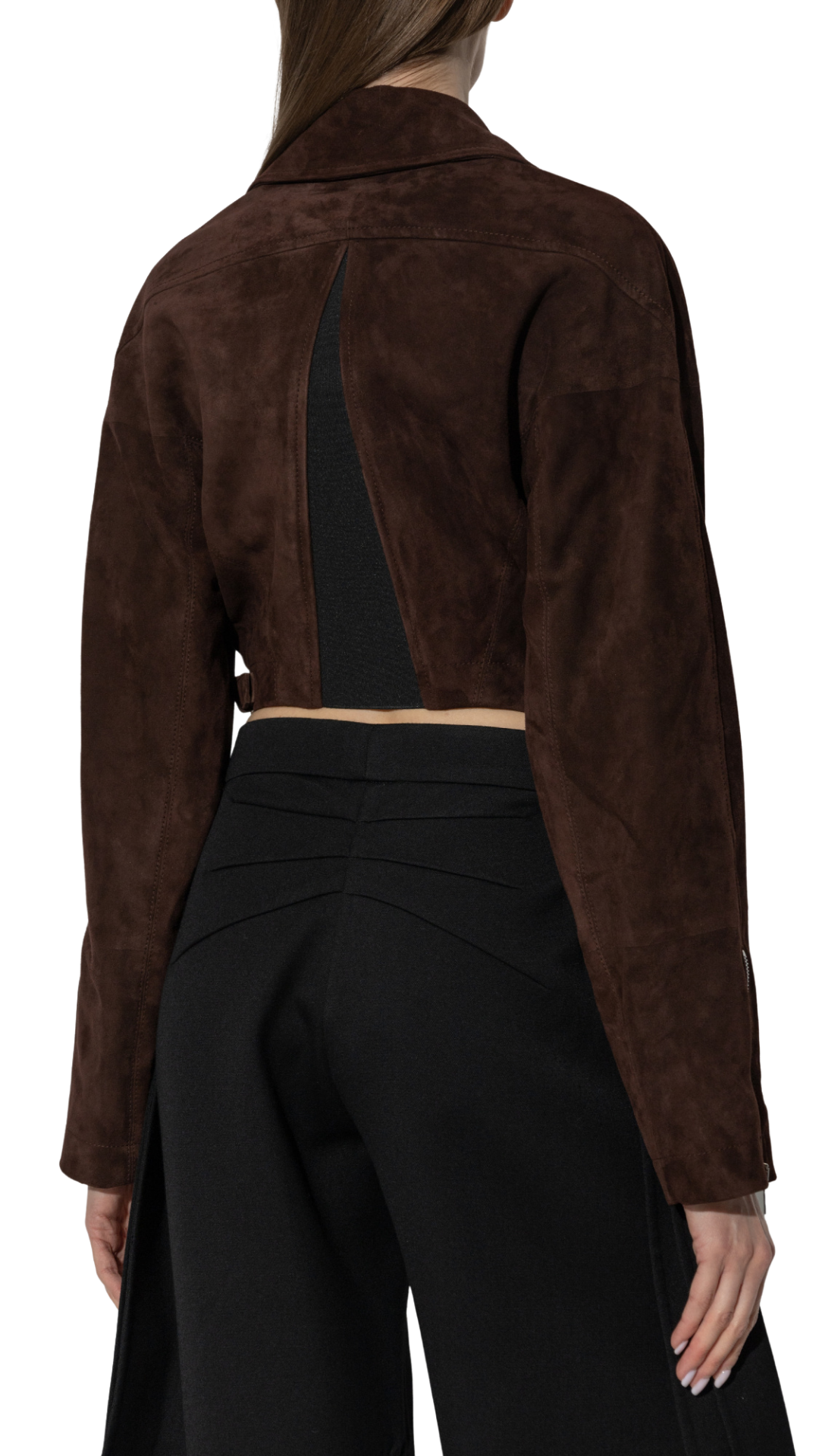 Cropped Leather Biker Jacket in Brown