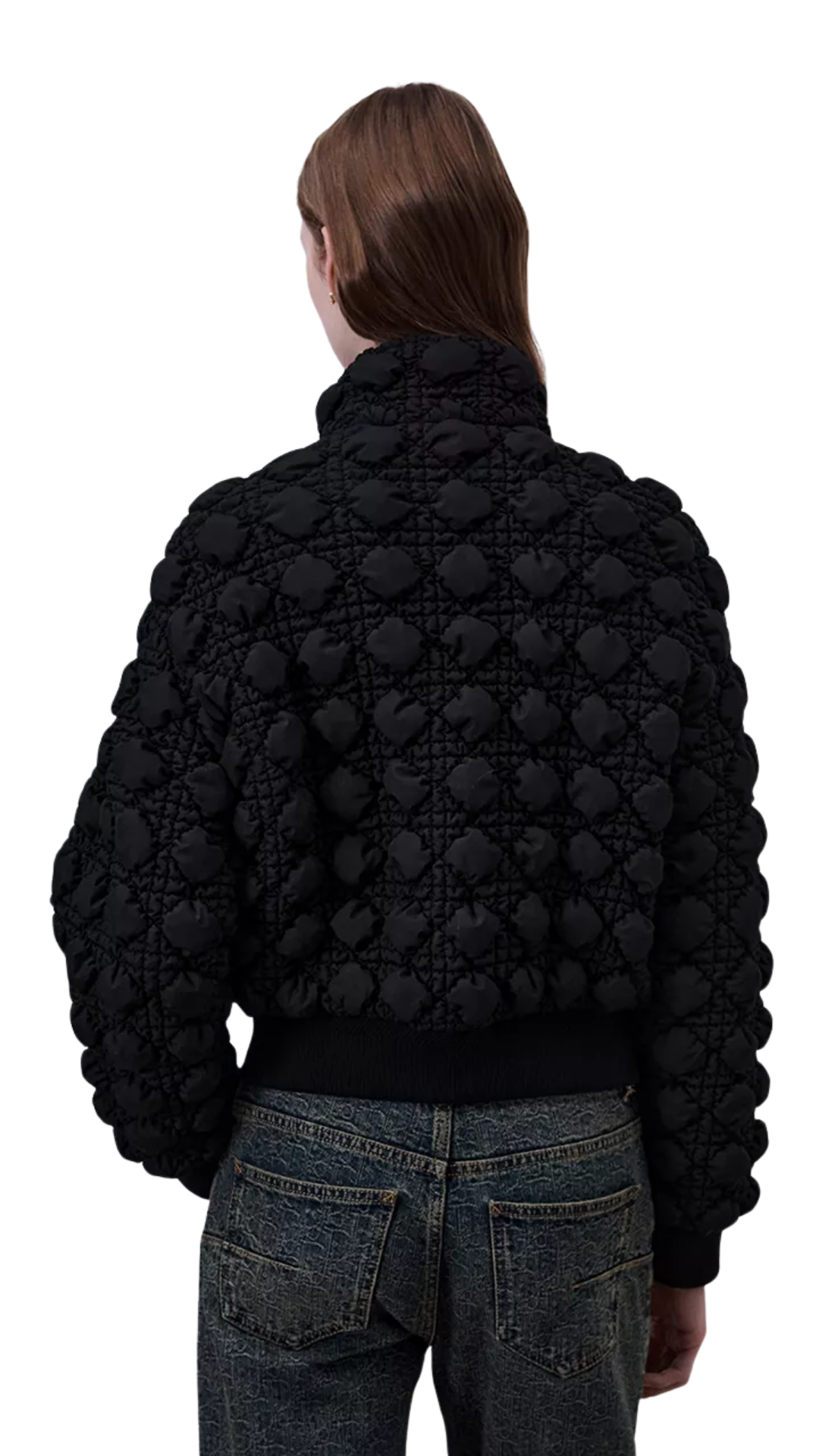 Zipped Macrocannage Jacket in Black Quilted Technical Fabric