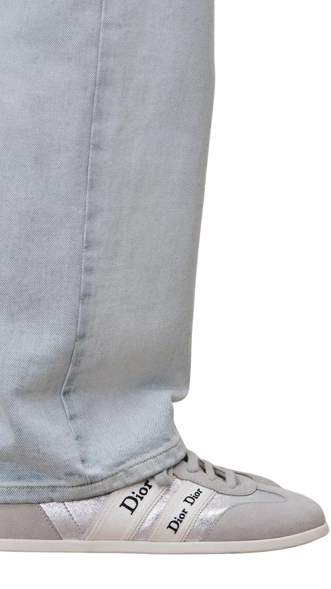 Ribbon Sneaker in Gray Suede Calfskin and Silver-Tone Crinkled Laminated Lambskin