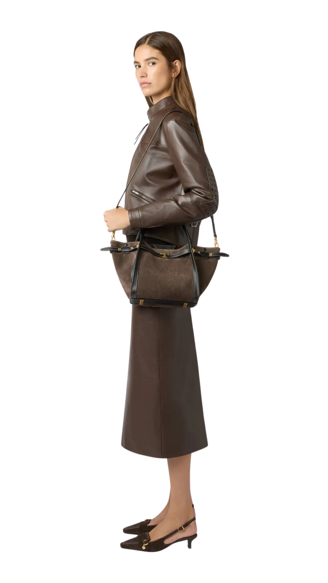 T Signature Shopping Bag in Brown Suede Small