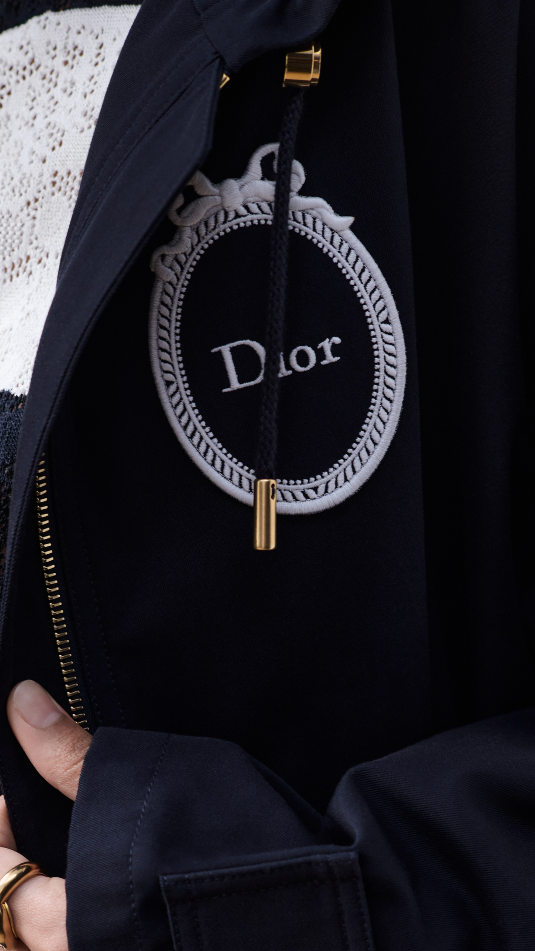 Médaillon Embroidered Anorak in Navy Blue Cotton and Silk Gabardine