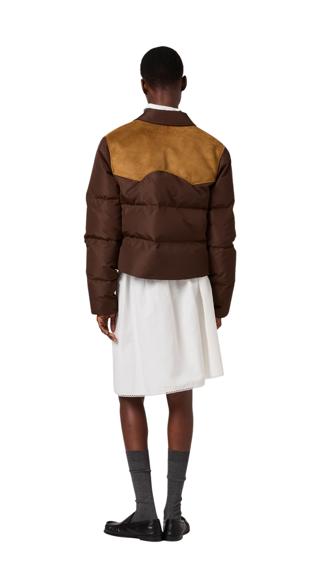 Technical Pongé and Leather Down Jacket in Coffee