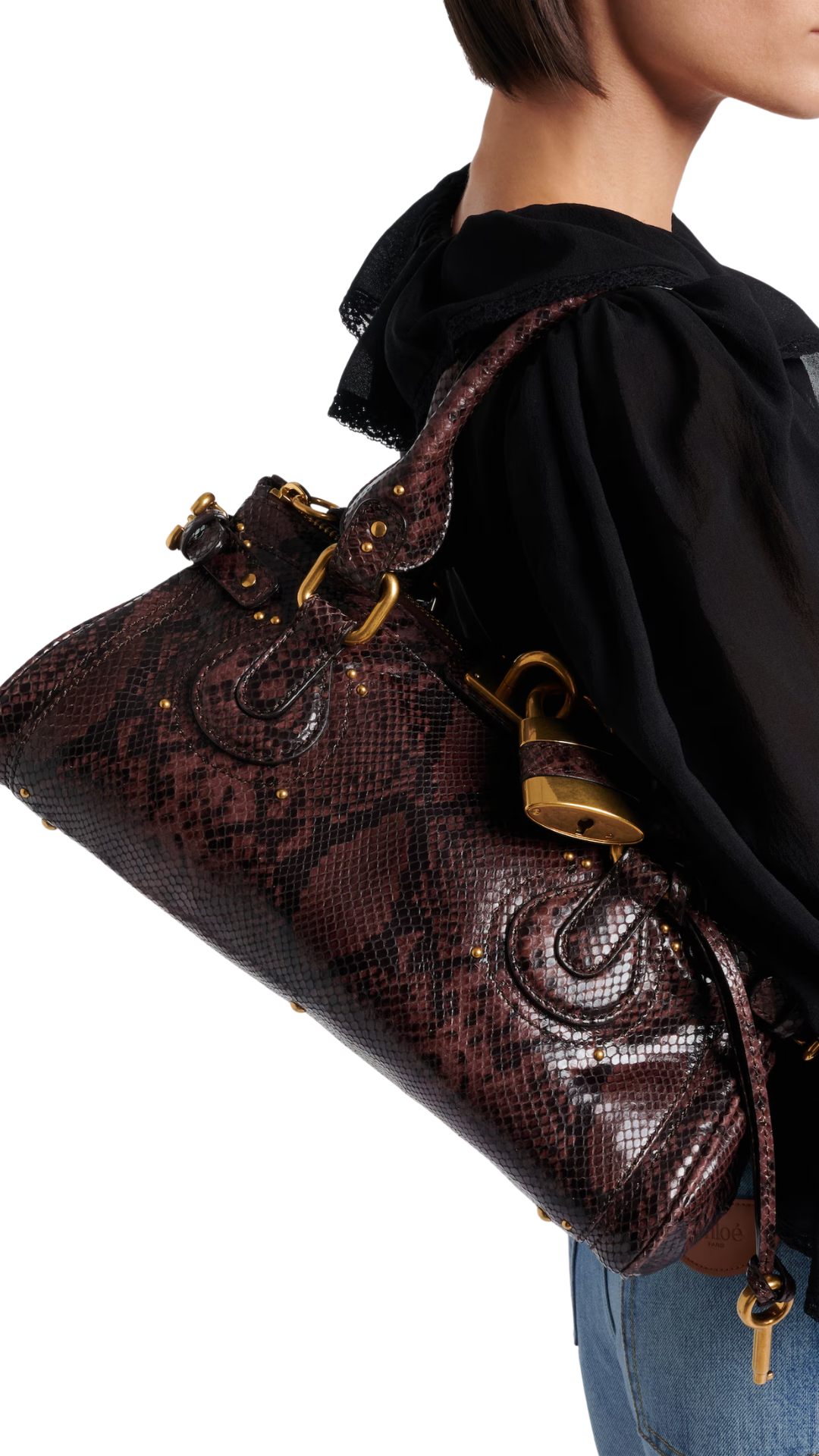 Paddington Leather Shoulder Bag in Rosewood Python-Effect Leather