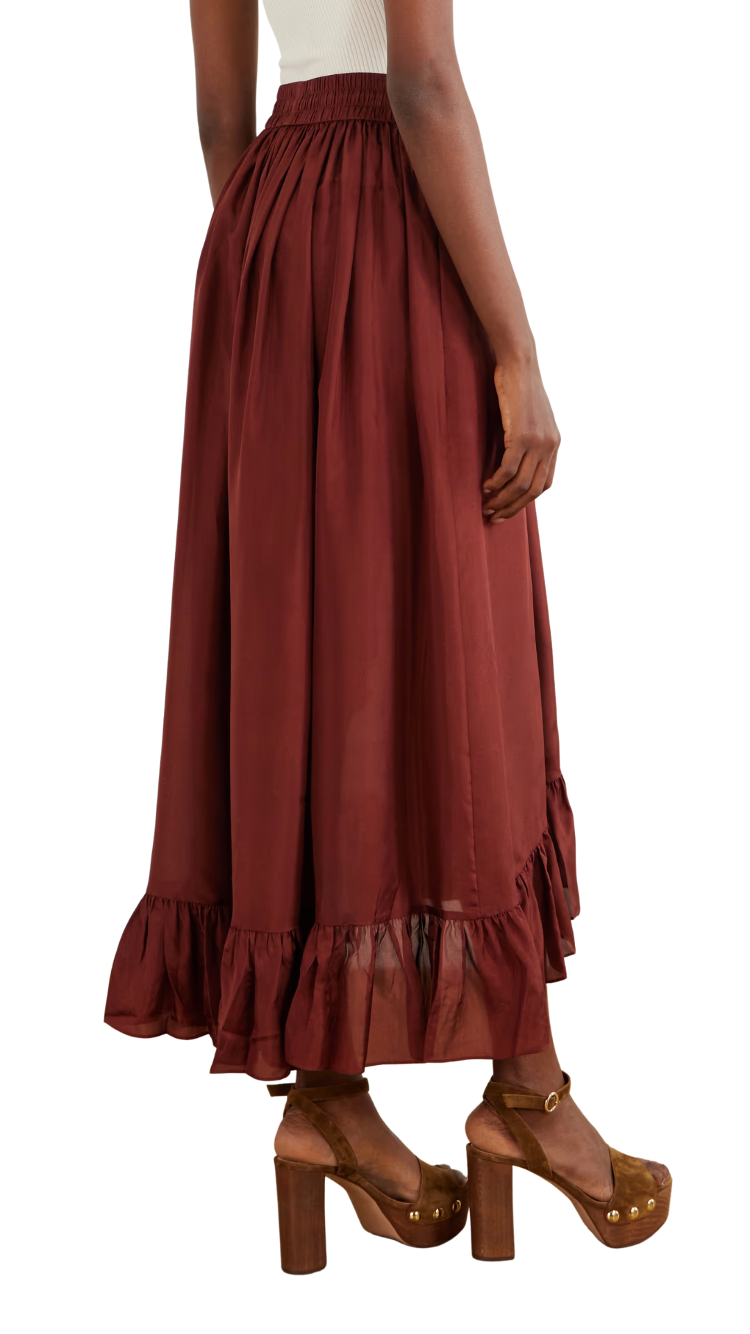 Aster Ruffled Silk Maxi Skirt in Burgundy