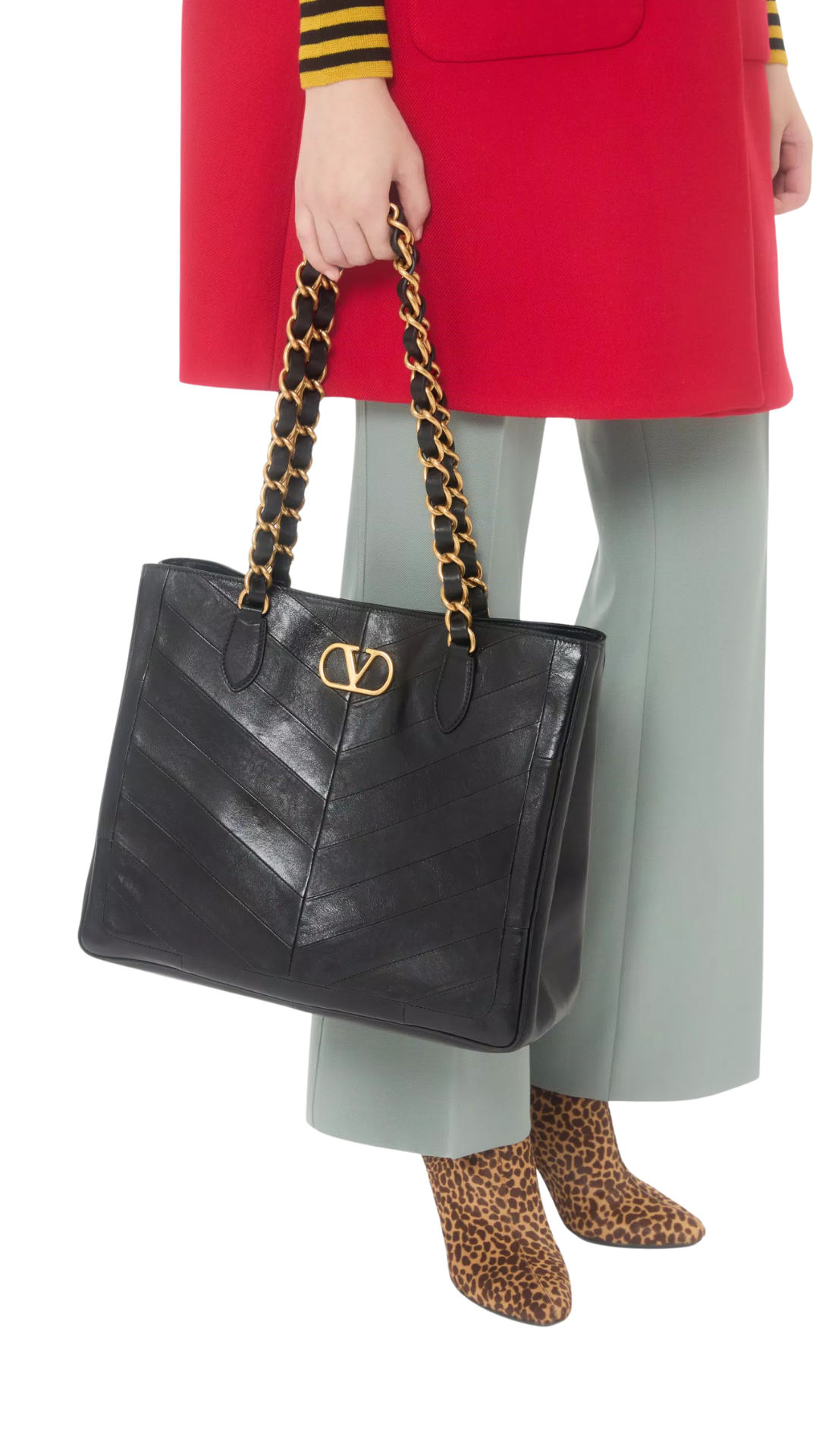 Laseine Shopping Bag In Black Nappa Leather With A Chevron Pattern
