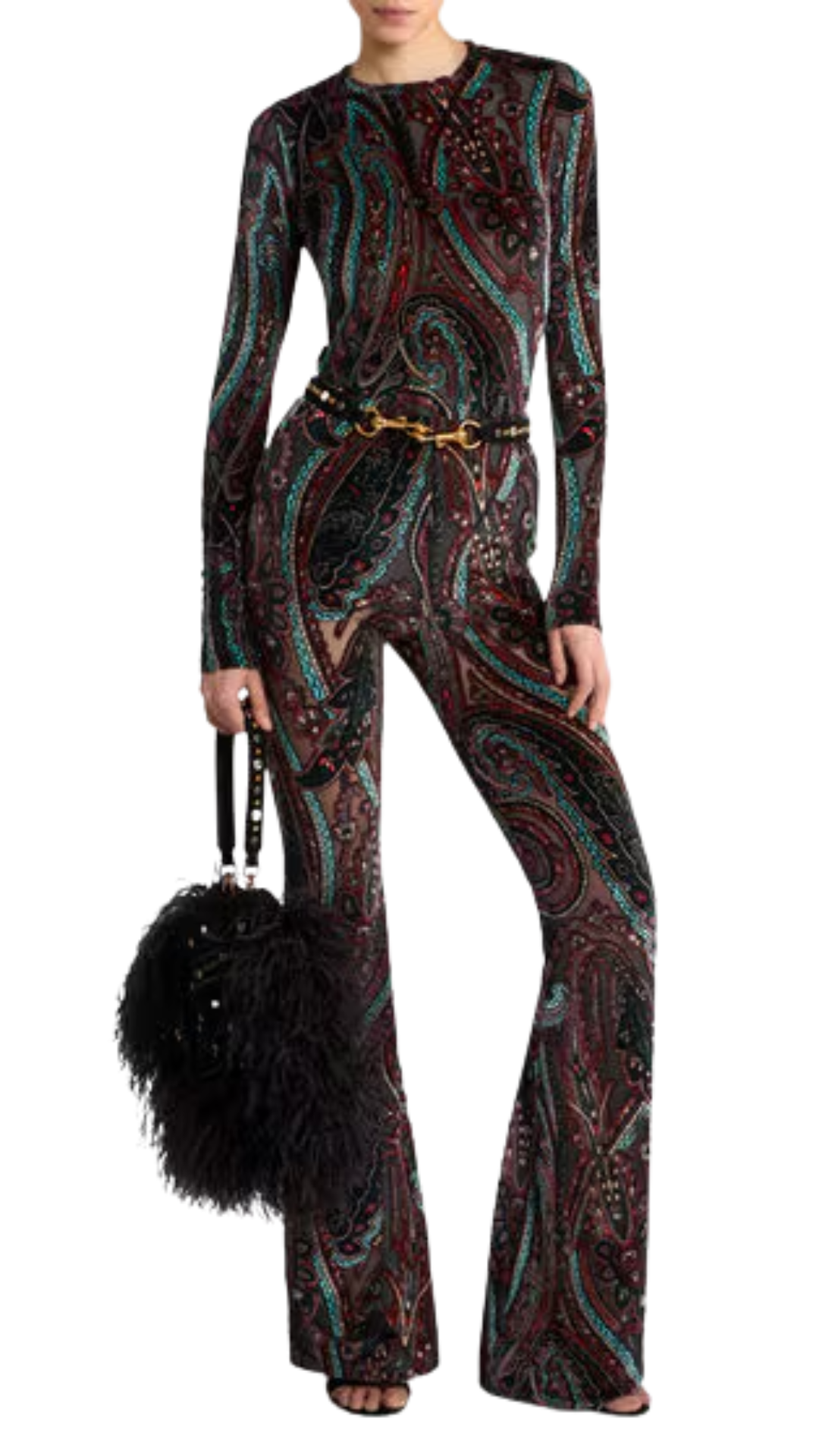 Flared Trousers in Chenille Jacquard with Paisley Motif