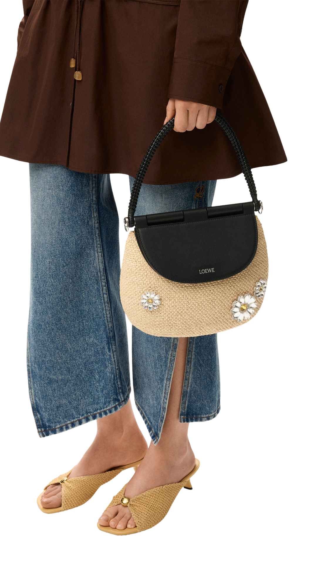 Medium Pescador Bag in Natural/Black Raffia and Calfskin