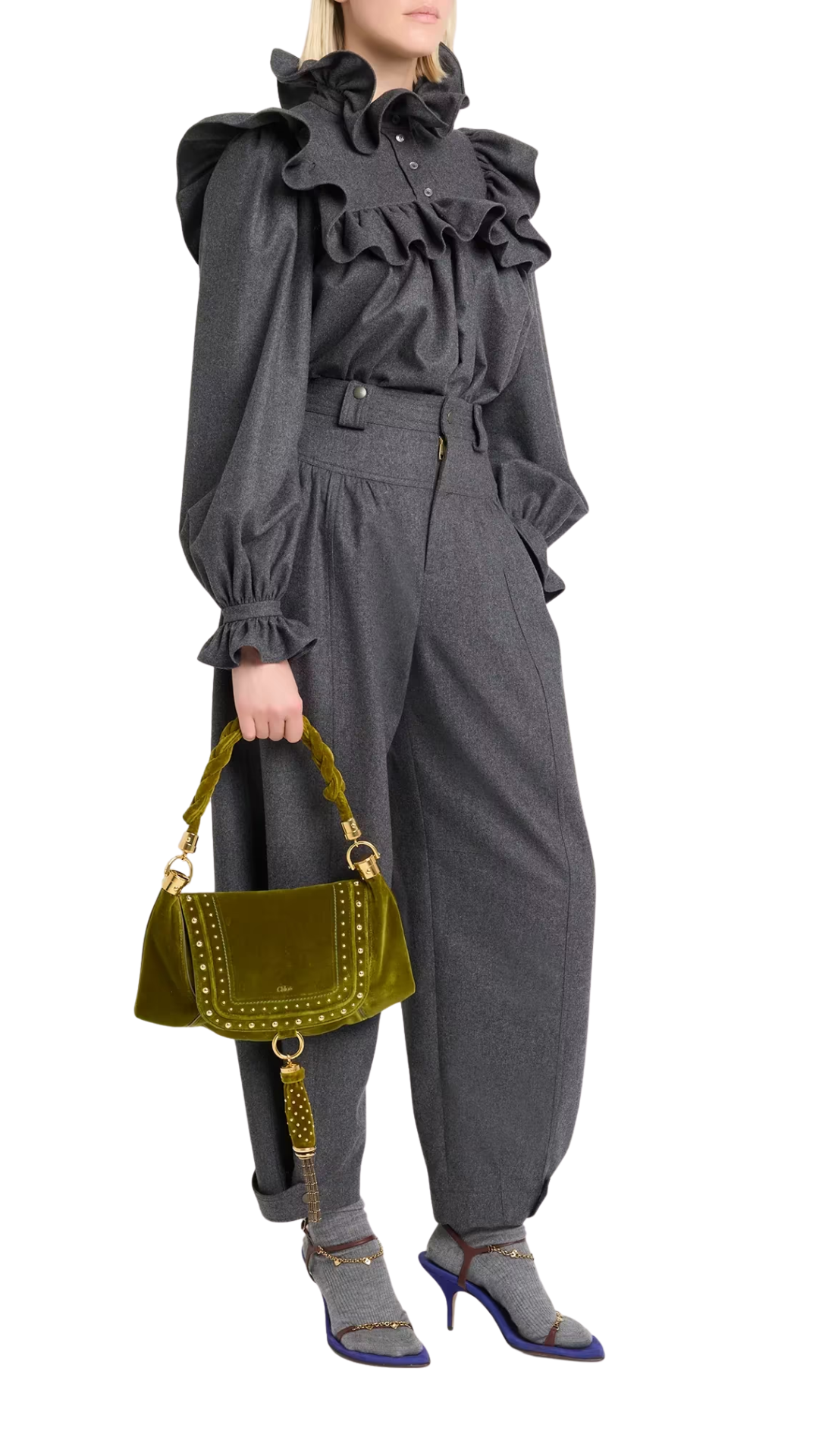 Small Marcie Foulard Hobo Bag in Green Velvet with Studs
