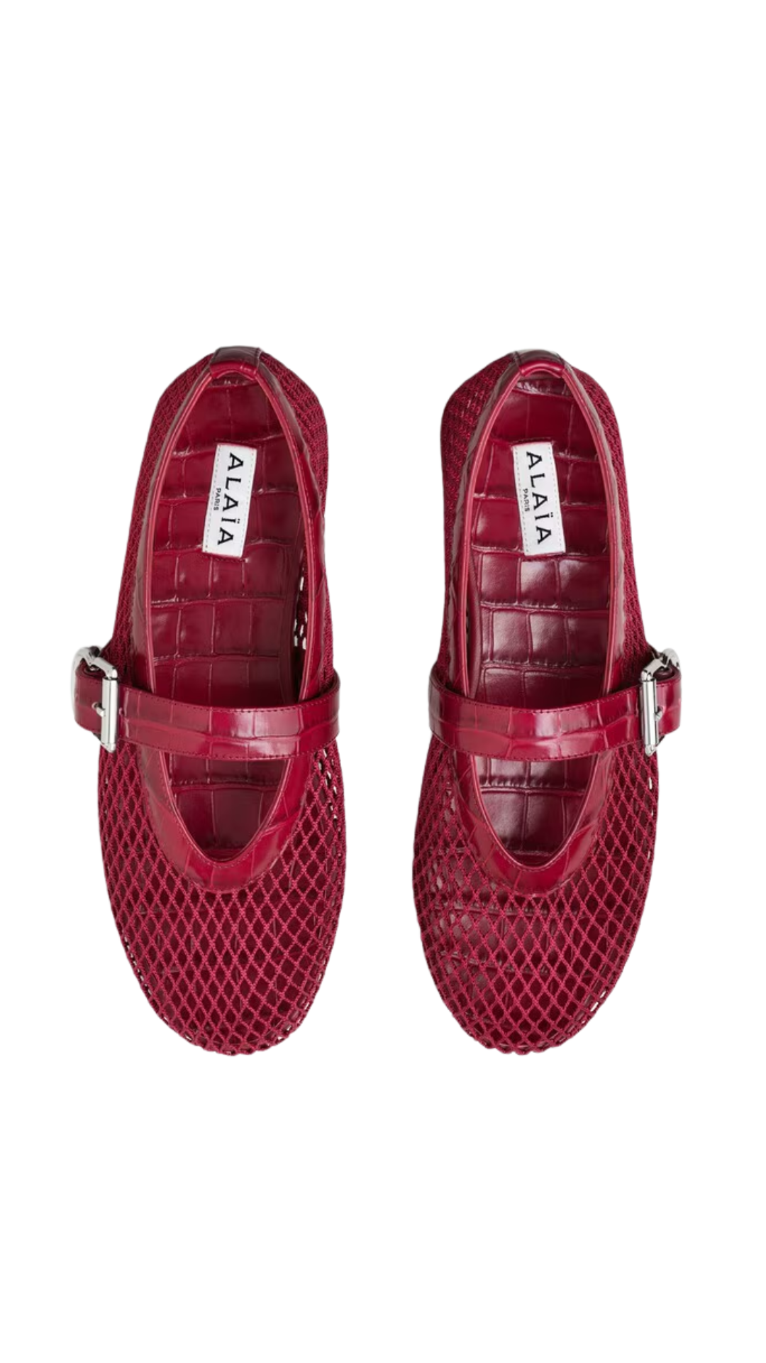 Ballet Flats in Cherry Fishnet and Crocodile Embossed Calfskin