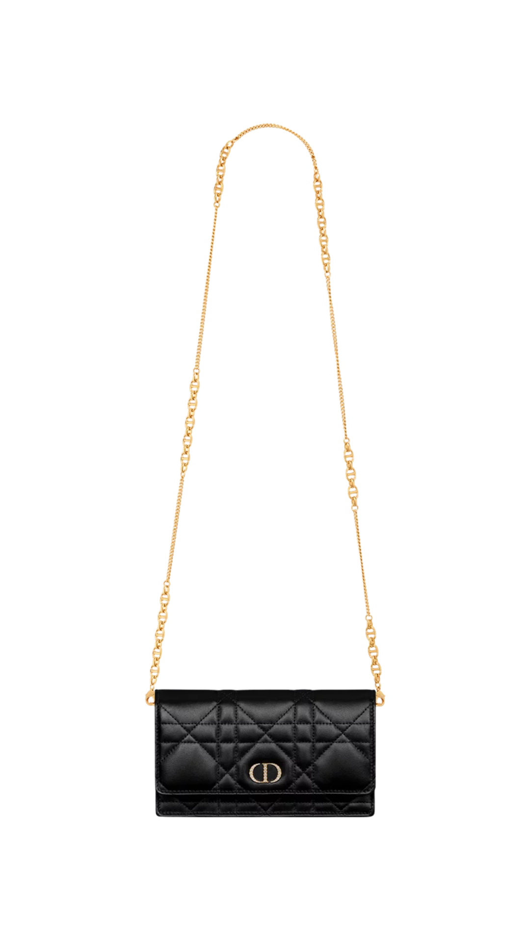 Dior Caro Pouch with Chain and Crystals in Black Macrocannage Lambskin