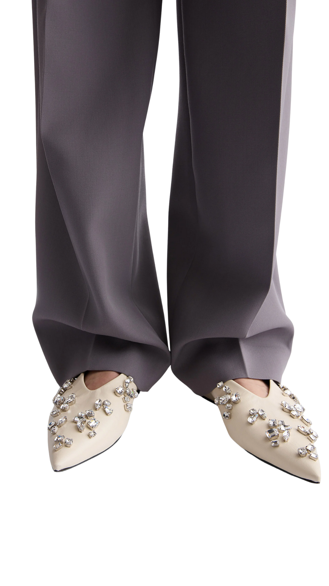 Ballerina in Eggshell Flat Leather Ballerinas with Pointed Toe and Crystals