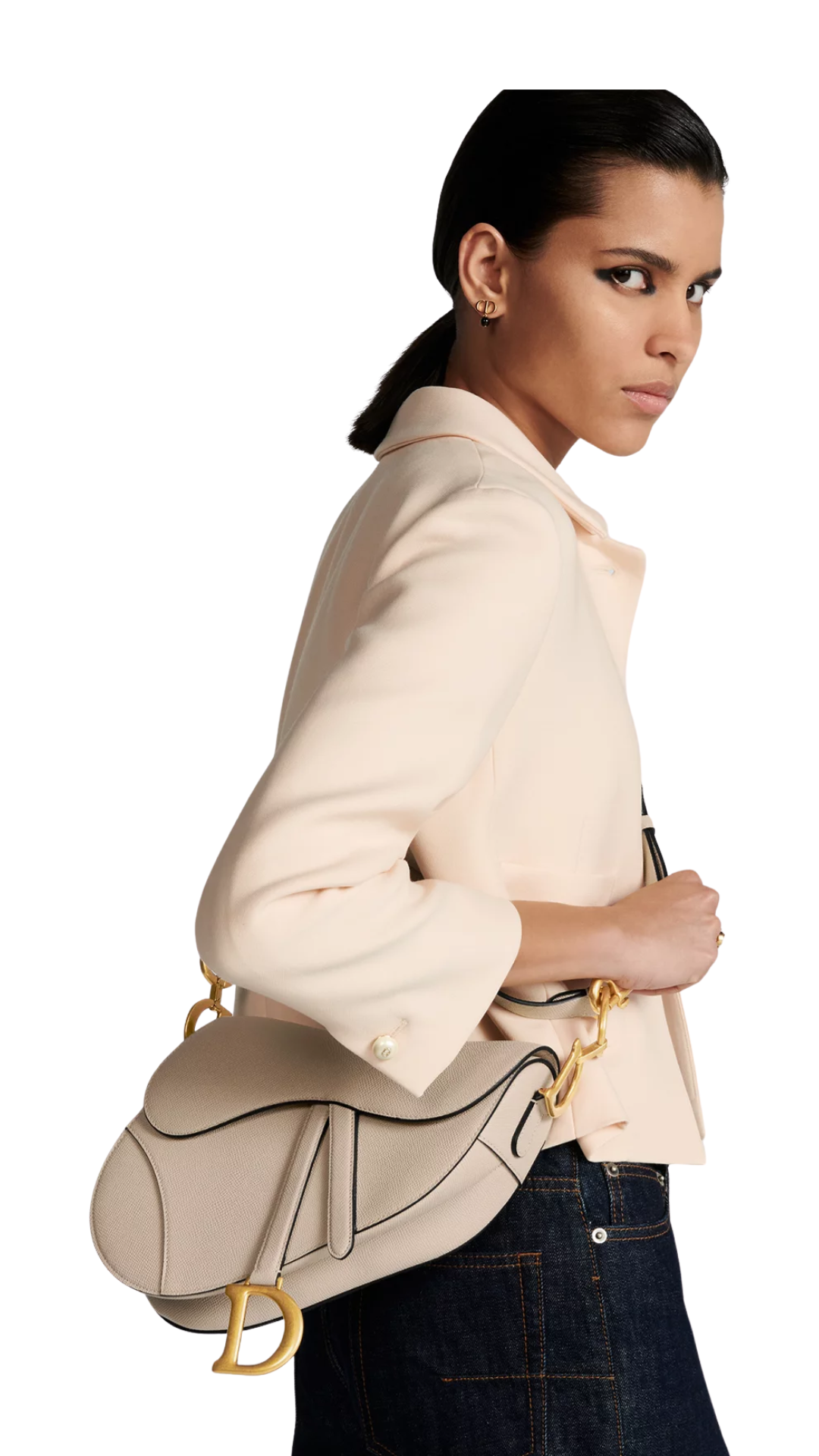 Saddle Bag with Strap in Powder Beige Grained Calfskin