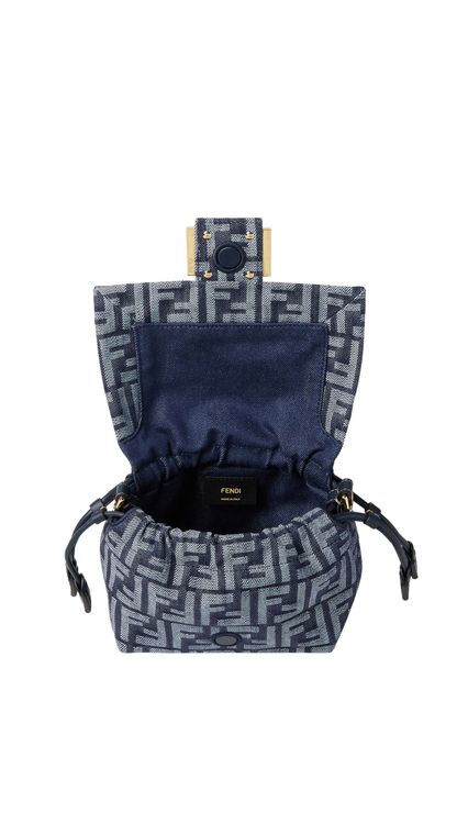 Mamma Baguette Small in Dark Blue Denim-Effect FF Jacquard Mini-Bag