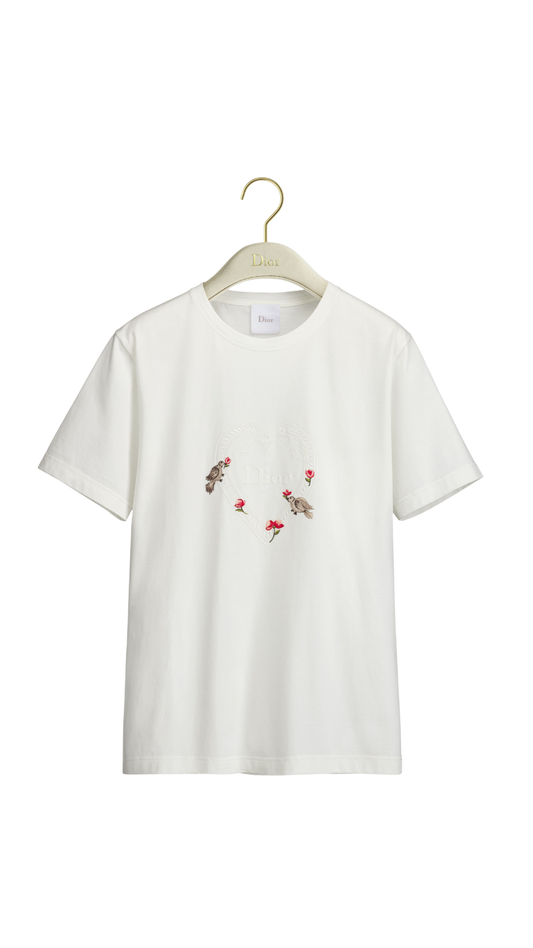 Dioramour Fitted T-Shirt White Cotton Jersey with Multicolor Doves & Roses Motif