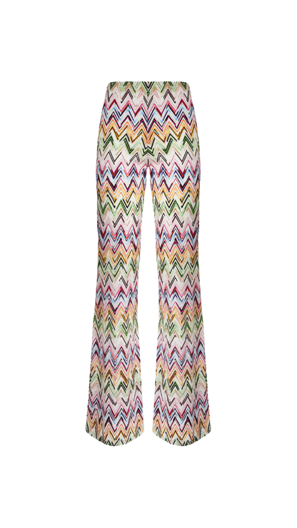 Flared Pants in Stretch Viscose with Lace Pattern and Zigzag Motif