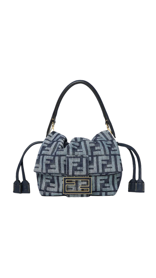 Mamma Baguette Small in Dark Blue Denim-Effect FF Jacquard Mini-Bag