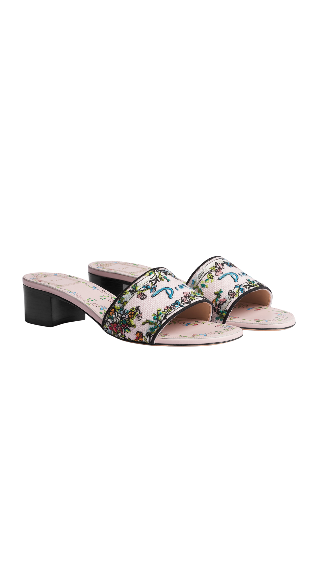 Dway Heeled Slide in Rose Tendre Cotton Embroidered with Multicolor