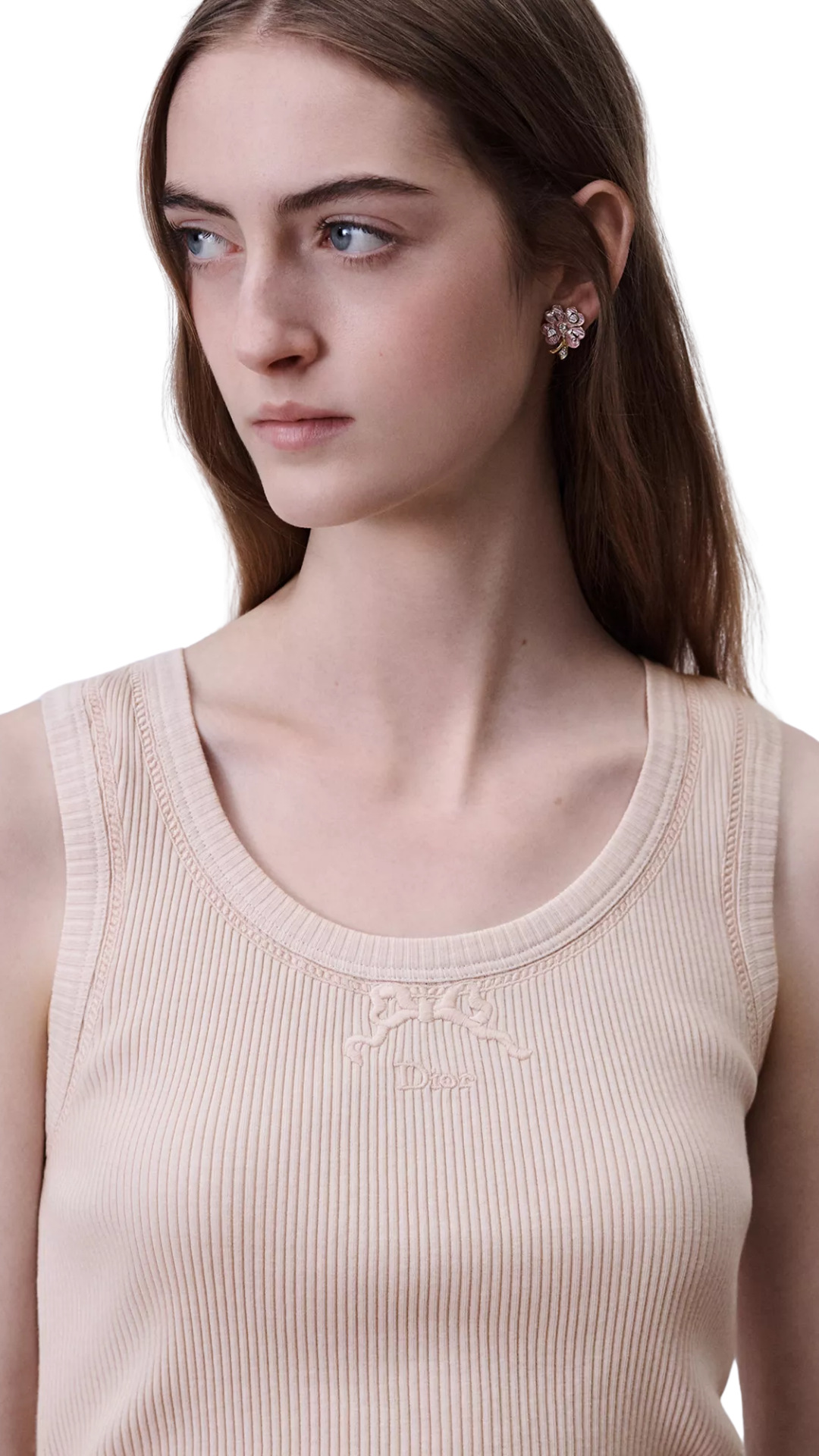 Embroidered Fitted Tank Top in Pink Ribbed Cotton Jersey