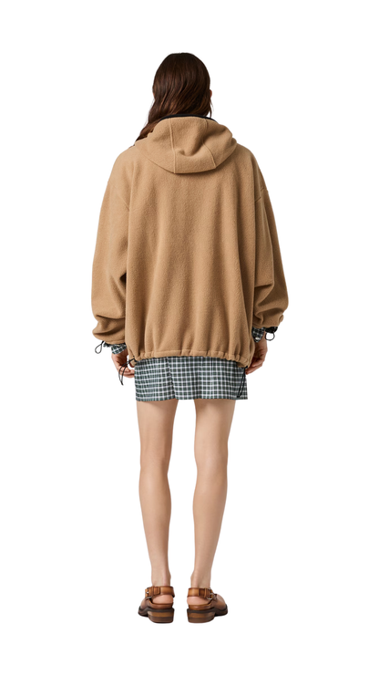 Cotton Fleece Zipper Hoodie in Camel Brown
