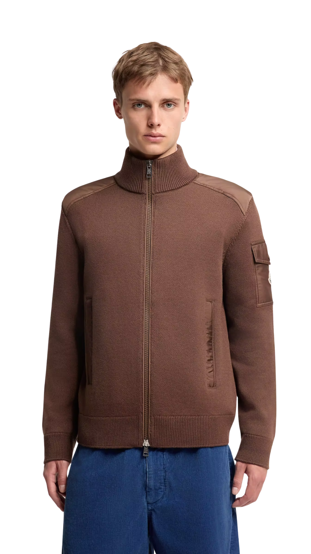 Padded Wool Zip-Up Cardigan in Brown