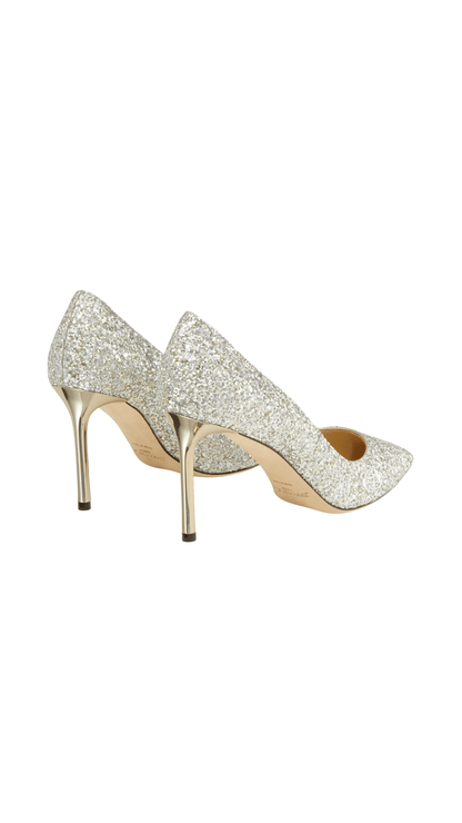 Romy 85 Champagne Coarse Glitter Fabric Pointy Toe Pumps