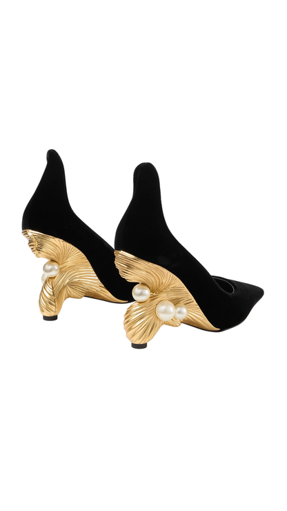 Ithaca 95 in Black Velvet Pumps with Pearl-Embellished Wedge