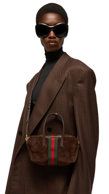 Small Boston Bag with Web in Dark Brown Soft, Perforated GG Suede