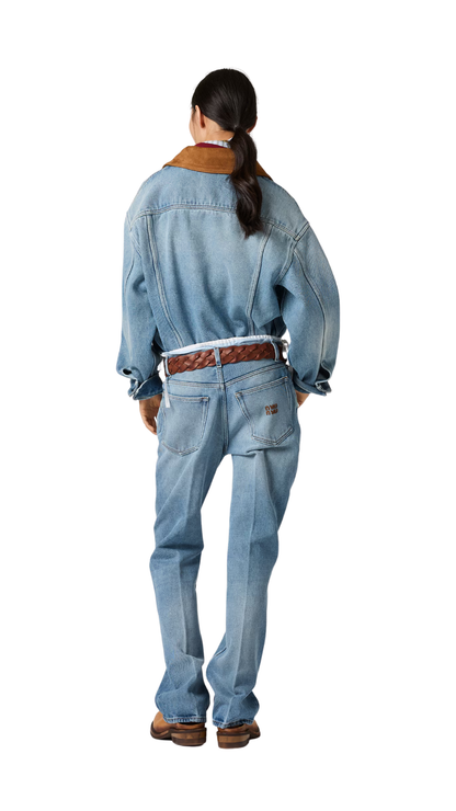 Washed Denim and Suede Blouson Jacket in Sapphire Blue