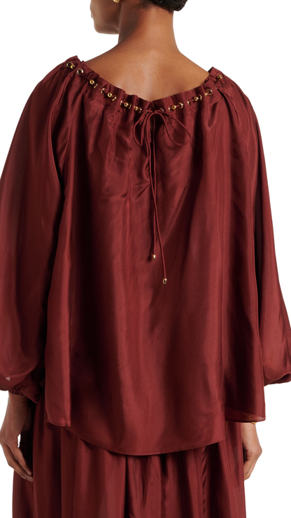 Aster Asymmetric Beaded Silk Habotai Blouse in Burgundy