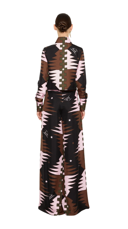 Valdimontone Print Silk Crop Shirt in Khaki and Pink