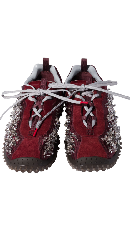 Bubble Embroidered Technical Fabric and Suede Sneakers in Burgundy
