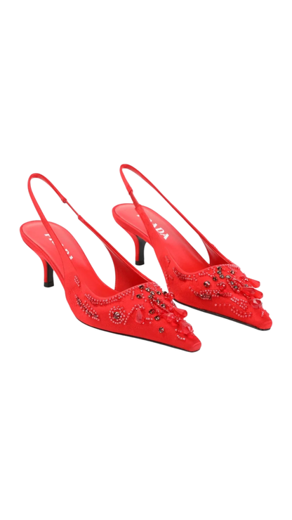 Embroidered Satin Slingback Pumps in Red