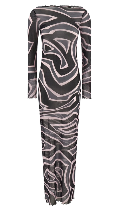 Abstract-Printed Crewneck Maxi Dress in Black