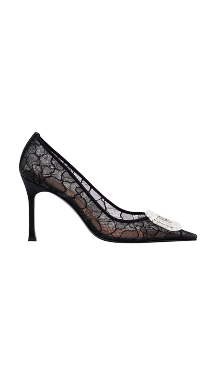 Camelia Embellished Lace Pumps in Black