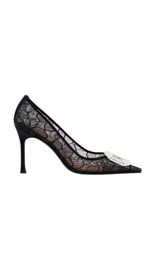 Camelia Embellished Lace Pumps in Black