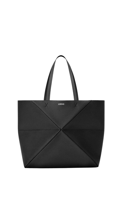 Large Horizontal Puzzle Fold Tote in Black Soft Grained Calfskin