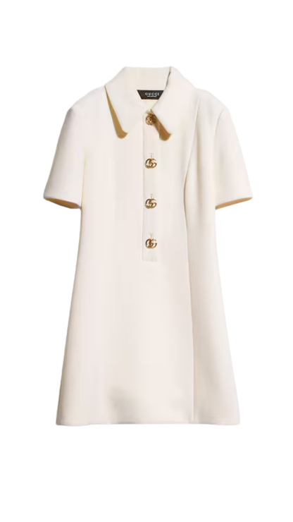 Crêpe Wool Dress with Double G Button in White