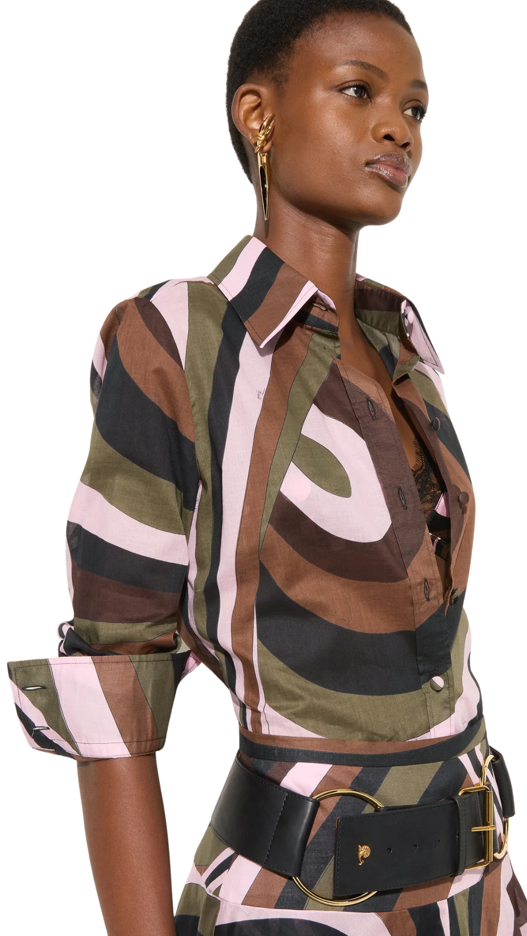Iride Print Cotton Muslin Shirt in Khaki and Pink
