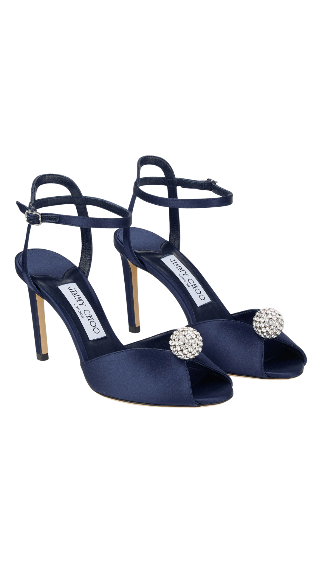 Sacora 85 in Marine Satin Sandals with Crystal-Embellished Sphere