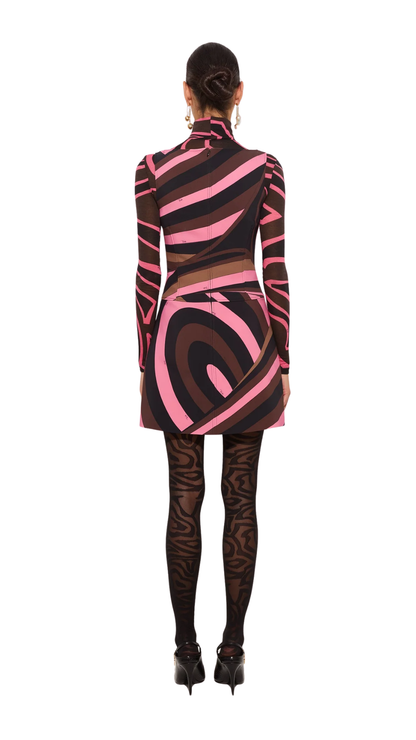 Iride Print Cady Dress in Brown and Coral