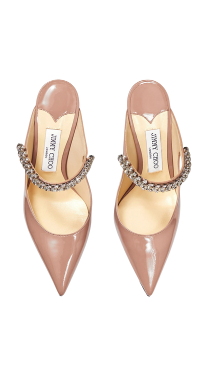 Bing 100 Ballet Pink Patent Leather Mules with Crystal Strap