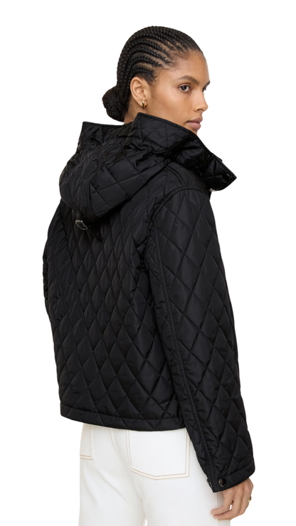 Cropped Quilted Nylon Hooded Jacket in Black