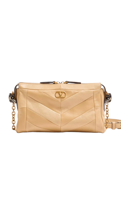 Panthea Small Shoulder Bag In Gold Beige Nappa Leather With A Chevron Pattern