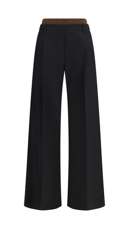 Wide-Leg Pants with Ribbed Waistband in Black