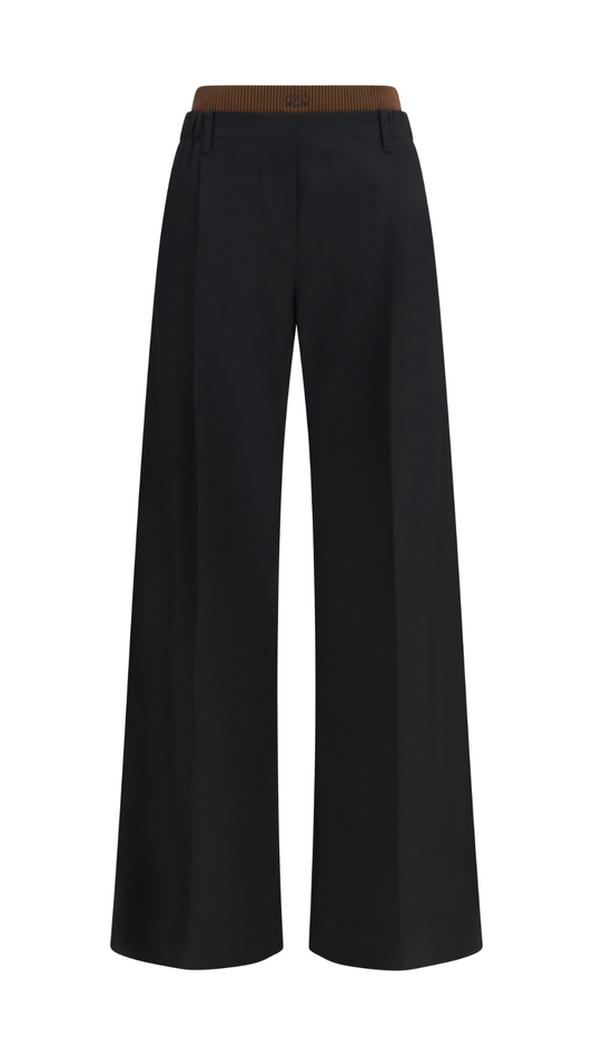 Wide-Leg Pants with Ribbed Waistband in Black