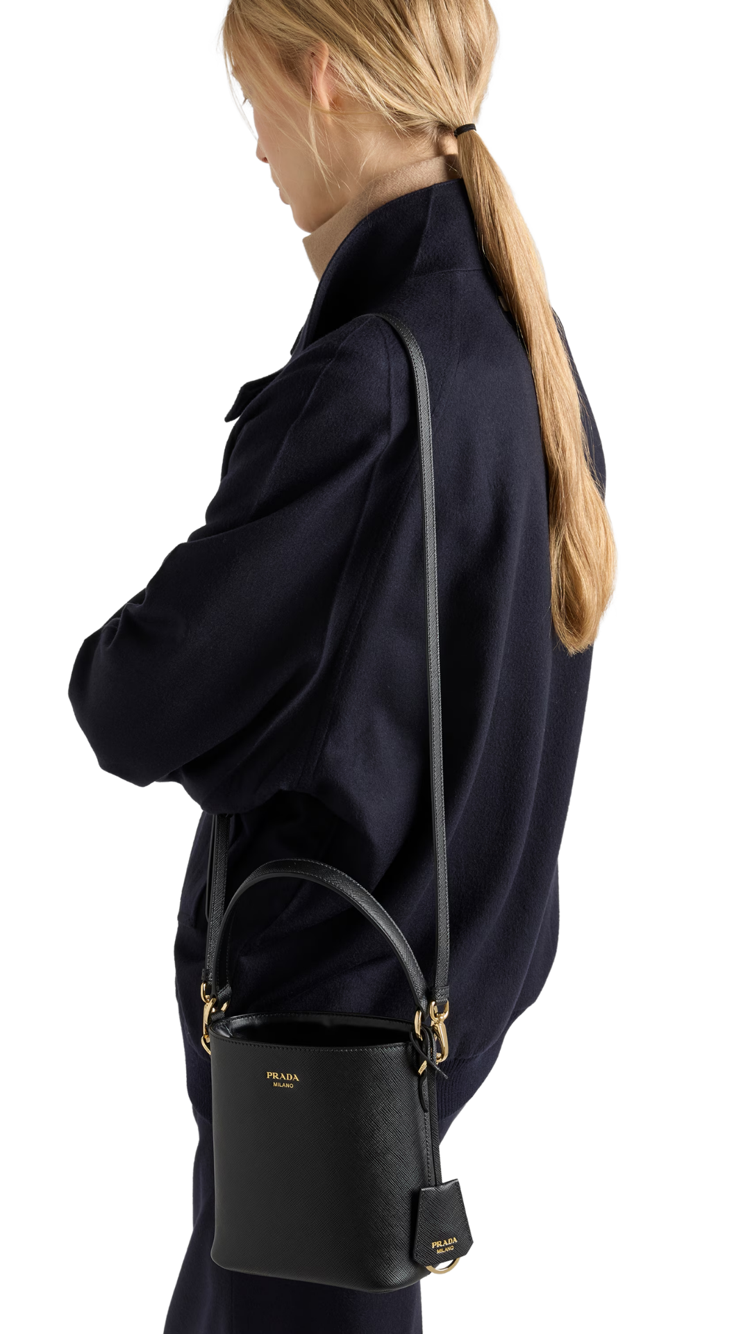 Saffiano Leather Mini Bucket Bag in Black
