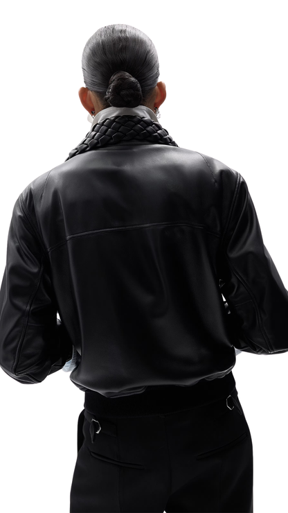 Shiny Leather Padded Blouson in Black