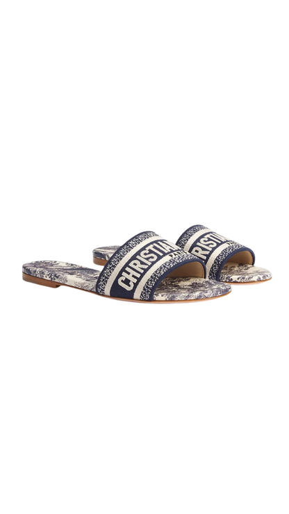 Dway Slide in Vibrant Blue Embroidered Cotton and Toile de Jouy Motif